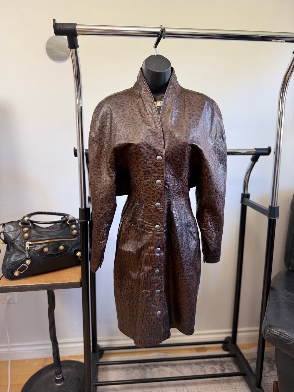Vintage Michael Hoban North Beach Leather Embossed Leopard Leather Dress 1980s